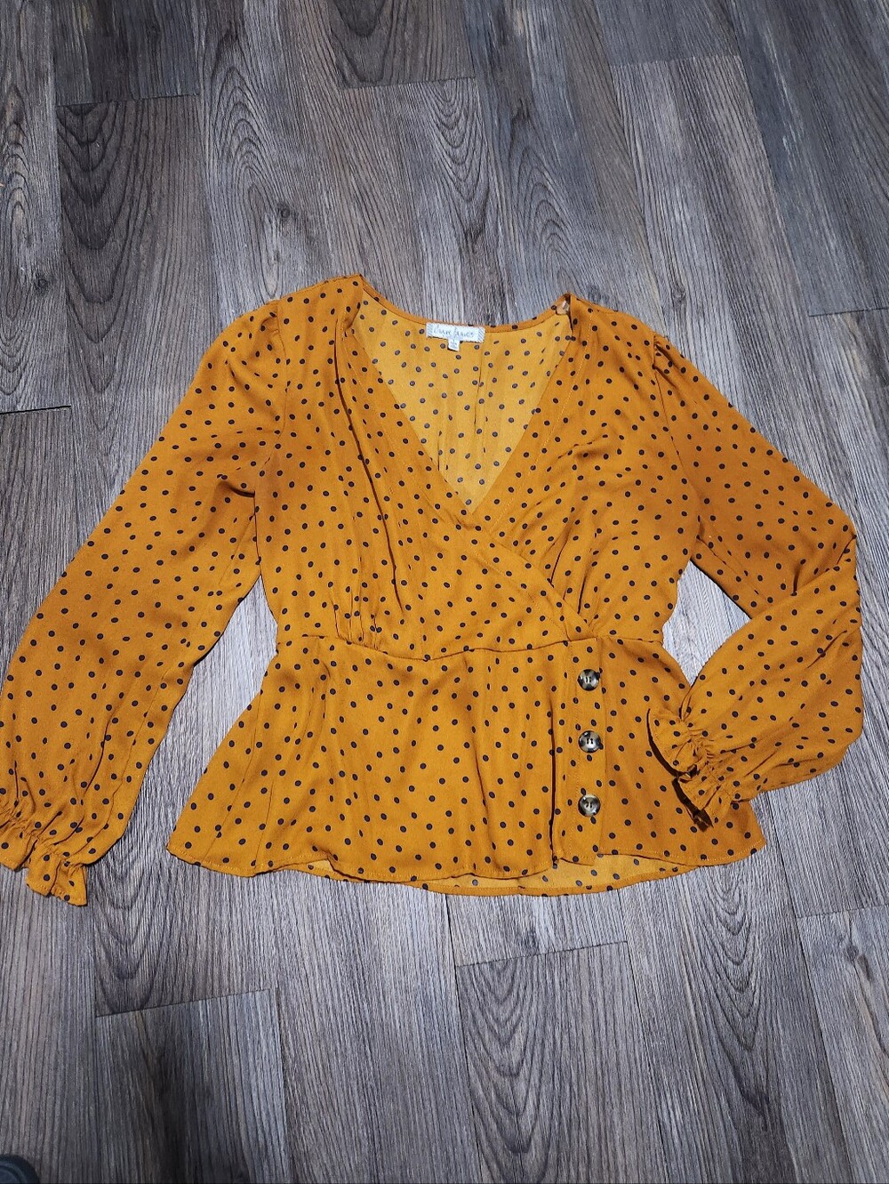 Almost Famous Mustard Polka Dot Wrap Peplum Blouse